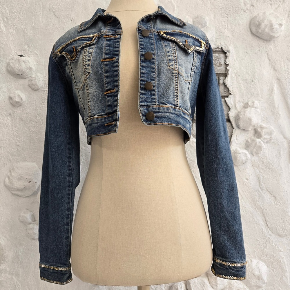 VTG Crest The Collection Y2K Cropped Sequin Denim Jacket Medium Wash Blue Size S